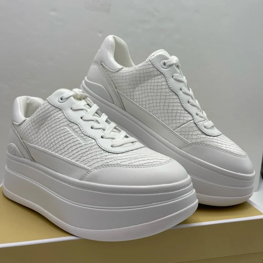 MICHAEL Kors All-White Platform Sneakers HAYES LACE UP EMBOSSED PRINTED LEATHER